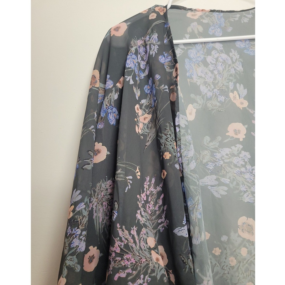 Floral Kimono Wrap Sheer Gray Purple Blue Open Front Cardigan XL - Picture 2 of 6
